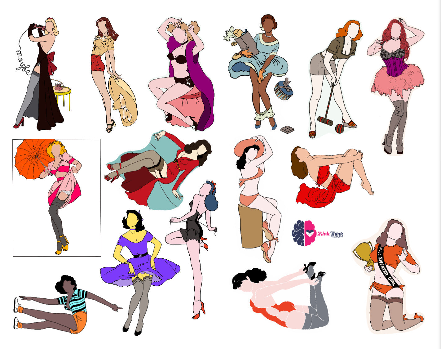 Pin-up aficionados will love our KinkThink Factory Girls, available now in decal form. From Abby to Zelda, our traditional and modern pin-up girls will knock the cocks right off your socks! 2 sheets/15 decals 