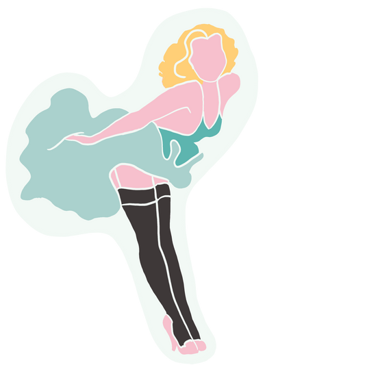 Pin-up aficionados and nostalgia nerds will love our KinkThink Factory Girls, available now in sticker form. From Abby to Zelda, our traditional and modern pin-up girls will knock the cocks right off   your socks!<br/>This 'Marilyn' die-cut sticker measures approx. 5" tall by 4" wide.