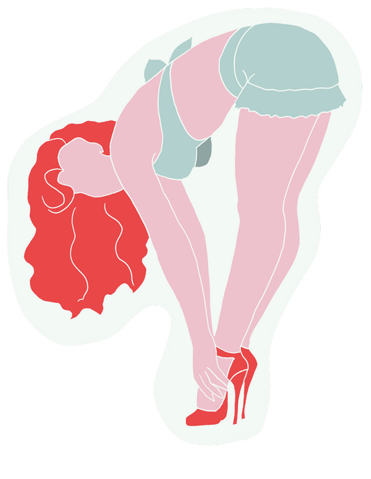 Pin-up aficionados and nostalgia nerds will love our KinkThink Factory Girls, available now in sticker form. From Abby to Zelda, our traditional and modern pin-up girls will knock the cocks right off   your socks!<br/>This 'Deborah' die-cut sticker measures approx. 5" tall by 4" wide.