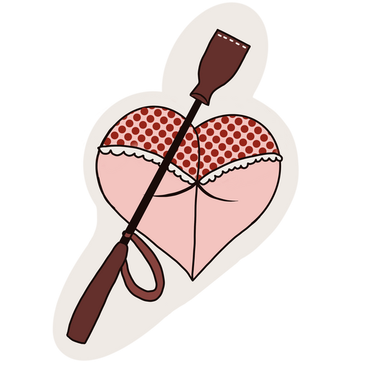 Die-cut adhesive vinyl sticker of a heart-shaped butt with a crop. Measures approx. 4" tall by 2.5" wide.